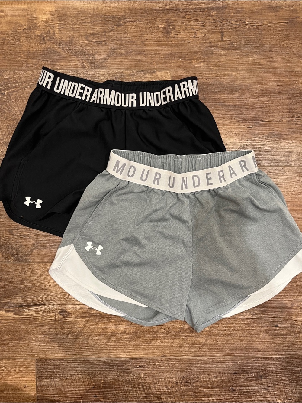 Under Armour Women’s Athletic Shorts - Black & Light Gray with White Trim - Picture 1 of 3